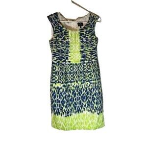 Adrianna Papell Dress 4 Sleeveless Sheath Ikat Print Neon Green/Blue Resortwear